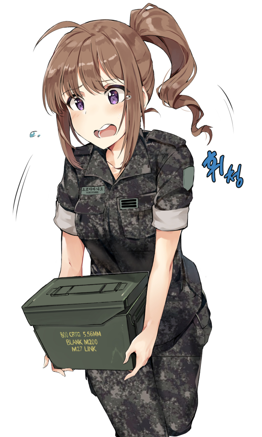 ahoge ammo_box bangs blush breasts brown_hair collared_shirt commentary commission cowboy_shot digital_camouflage english_commentary eyebrows_visible_through_hair flying_teardrops highres holding idolmaster idolmaster_million_live! korean medium_breasts military military_uniform name_tag open_mouth pants ponytail purple_eyes shirt simple_background solo standing tears translation_request tuxedo_de_cat uniform unmoving_pattern white_background yokoyama_nao