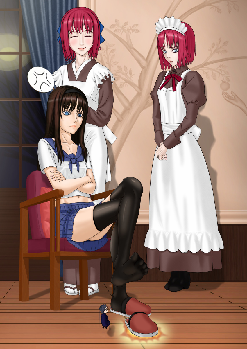 3girls absurdres angry apron black black_footwear black_hair black_legwear blue_eyes blue_skirt blush boots brown_hair chair crossed_legs dress flip-flops hairband high_heel_boots high_heels highres hisui kohaku long_dress long_hair maid maid_headdress miniboy multiple_girls night pleated_skirt red_hair sandals school_uniform siblings sisters sitting skirt slippers thighhighs toono_akiha tsukihime twins vocher