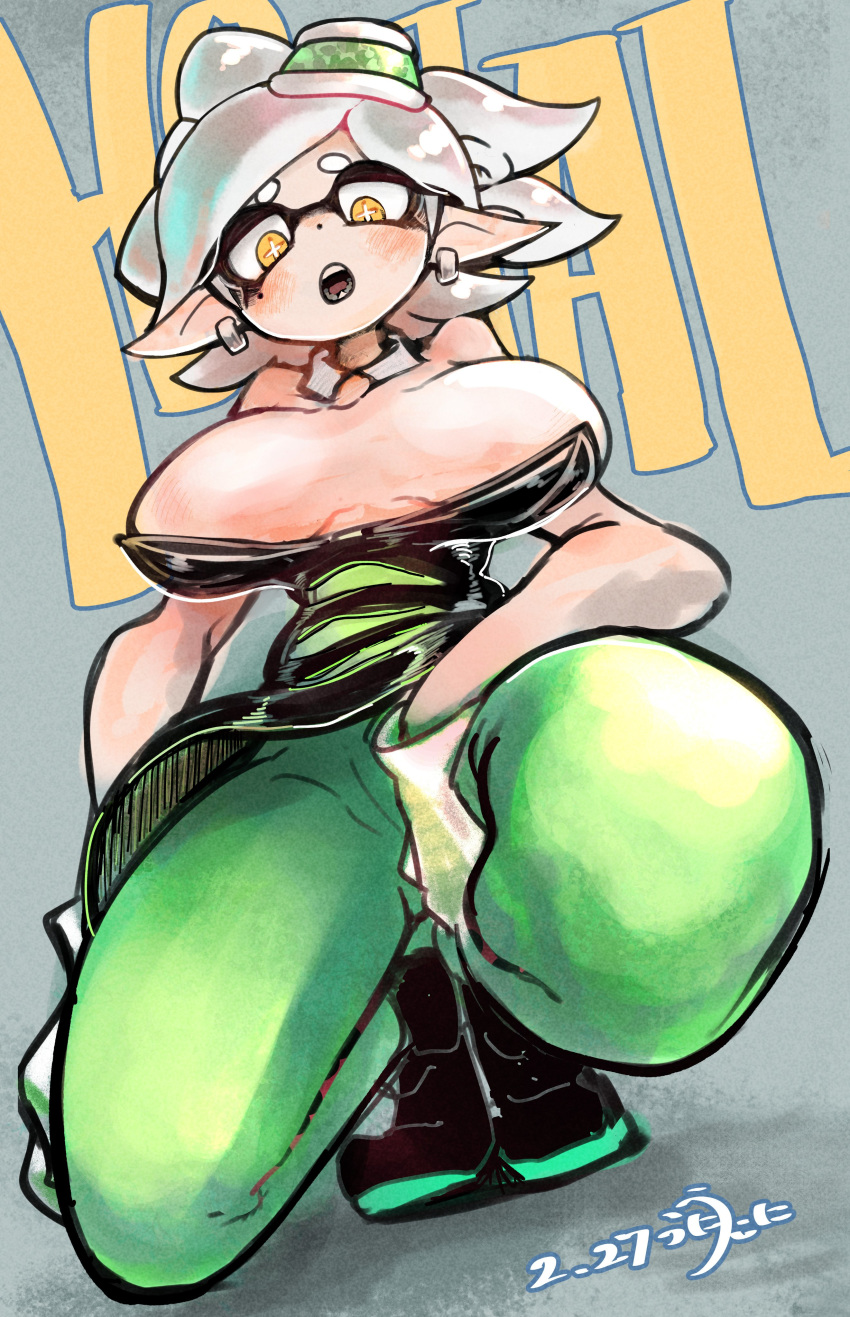 1girl :o absurdres between_legs blush breasts breasts_apart commentary_request domino_mask dress earrings fang full_body gloves green_legwear hand_between_legs highres hotaru_(splatoon) jewelry large_breasts looking_at_viewer mask mole mole_under_eye pantyhose pointy_ears solo splatoon_(series) splatoon_1 squatting strapless strapless_dress symbol-shaped_pupils uninchang yellow_eyes