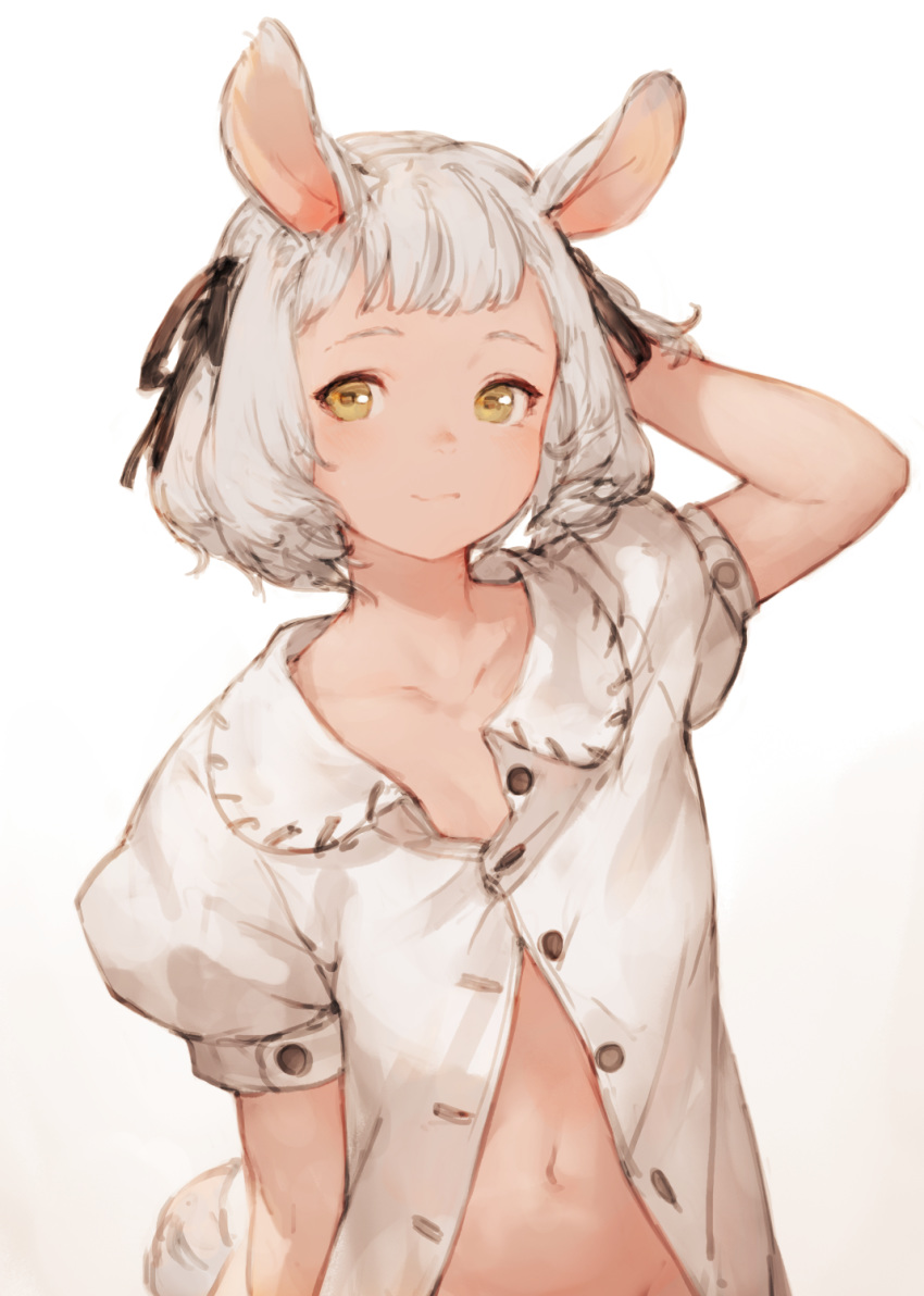 animal_ears black_ribbon commentary hair_ribbon hand_behind_head highres junwool looking_at_viewer navel open_clothes open_shirt original partially_unbuttoned puffy_short_sleeves puffy_sleeves ribbon sheep_ears sheep_tail shirt short_hair short_sleeves simple_background solo stomach tail upper_body white_background white_hair white_shirt yellow_eyes