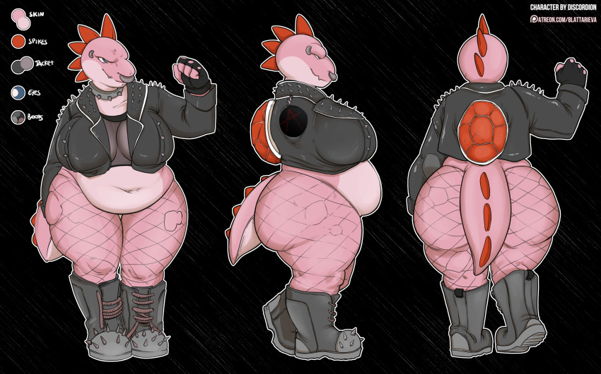 2017 anthro big_breasts big_butt blattarieva boots breasts butt clothing collar facial_piercing fan_character female fingerless_gloves fishnet footwear gloves mario_bros model_sheet navel nintendo nose_piercing overweight piercing pink_yoshi slightly_chubby solo video_games yoshi