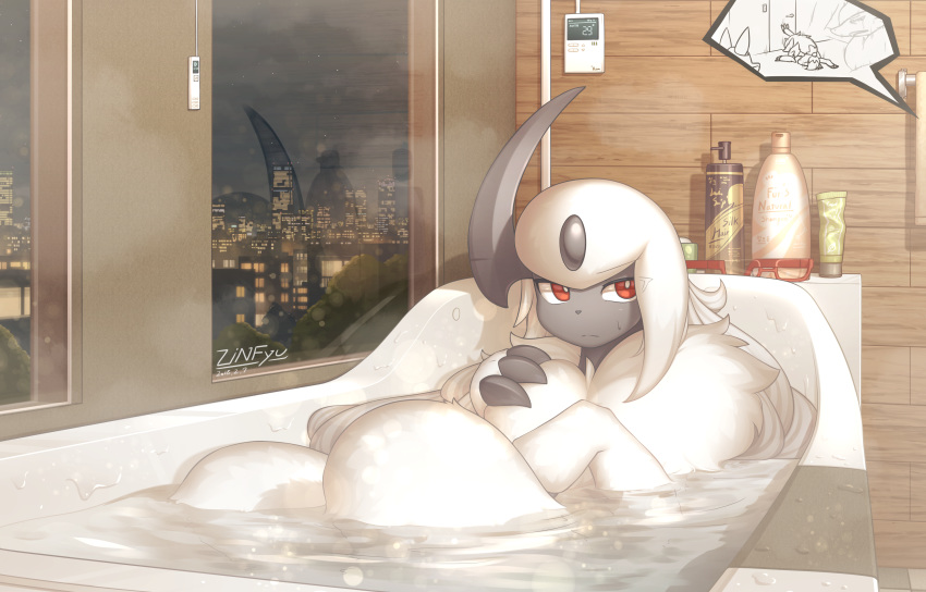 1girl absol absurdres artist_name bath bathing dated eyebrows_visible_through_hair glasses glasses_removed highres horn indoors looking_to_the_side lucario night night_sky pokemon pokemon_(creature) pokemon_bw pokemon_dppt pokemon_rse red-framed_eyewear red_eyes reflection shampoo signature sky solo_focus star_(sky) sweat text water wet white_hair window zinfyu zoroark