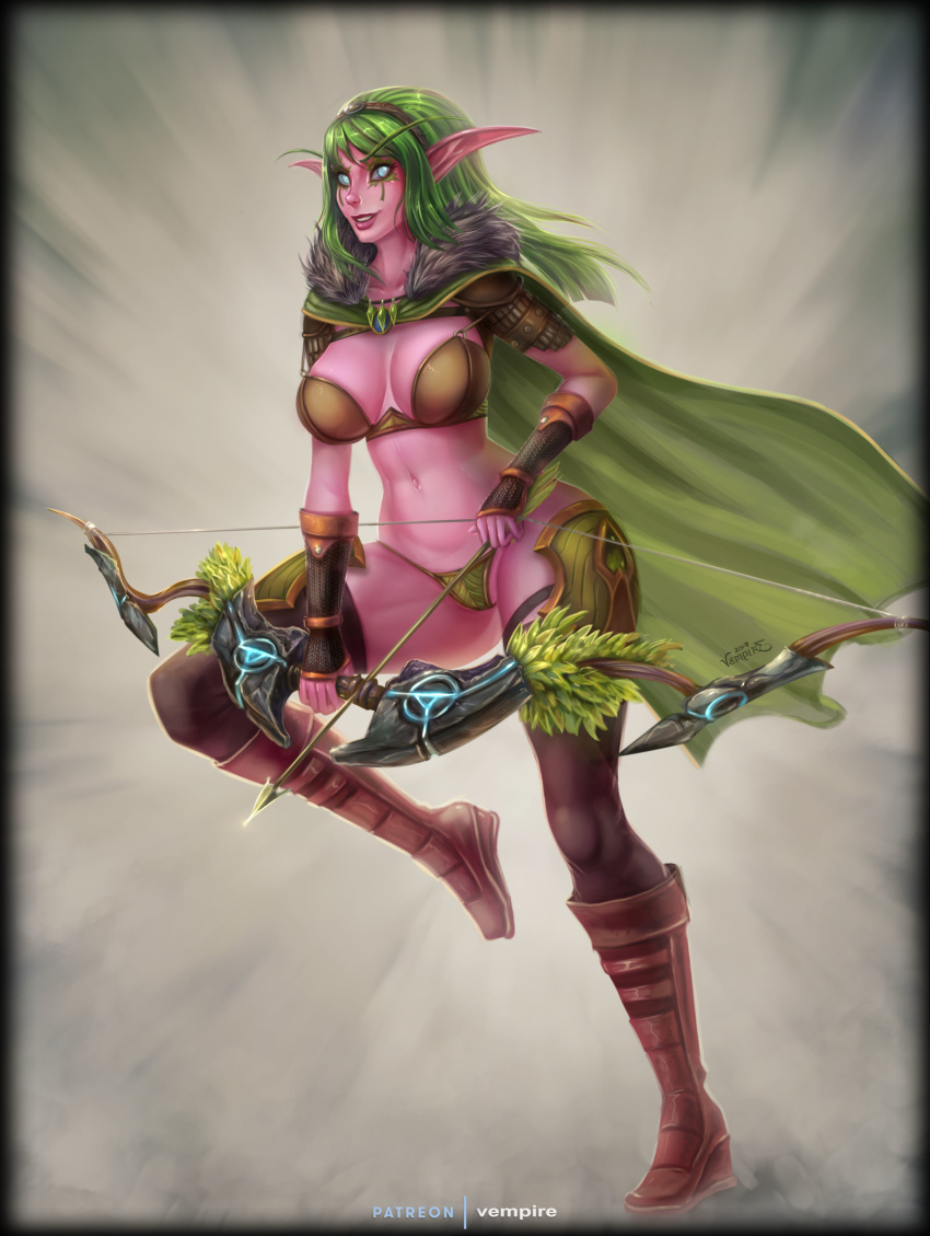 2017 absurd_res armor breasts cape clothed clothing digital_media_(artwork) elf female green_hair hair hi_res holding_object holding_weapon humanoid looking_at_viewer night_elf nilaia not_furry pink_skin pointy_ears ranged_weapon simple_background smile solo tattoo thick_thighs underwear vempire video_games warcraft weapon