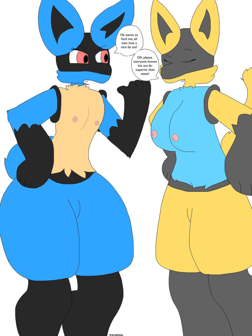 2018 angry anthro arguing big_breasts big_butt blue_fur breasts butt canine curled_tail dialogue digital_media_(artwork) english_text eyes_closed female flat_chested fluffy fur hair huge_breasts huge_butt invalid_color invalid_tag lucario mammal ms_paint nintendo nipples nude pok&eacute;mon pok&eacute;mon_(species) red_eyes shiny_lucario simple_background smile speech_bubble standing text thick_thighs traashmann video_games wide_hips yellow_fur