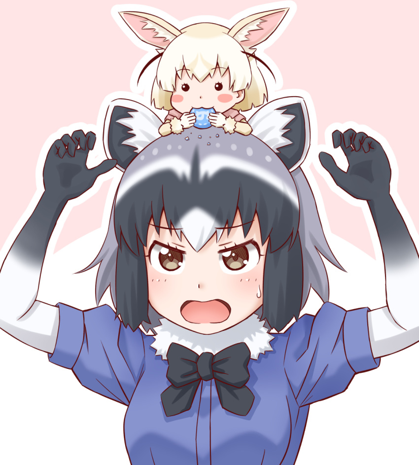 :3 :o animal_ears arms_up black_neckwear blonde_hair blush_stickers bow bowtie brown_eyes chibi chibi_on_head commentary_request common_raccoon_(kemono_friends) crumbs eating fennec_(kemono_friends) food fox_ears fur_collar grey_hair highres japari_bun kemono_friends multicolored_hair multiple_girls on_head outline raccoon_ears short_hair short_sleeves simple_background takatsuki_nao upper_body white_hair white_outline