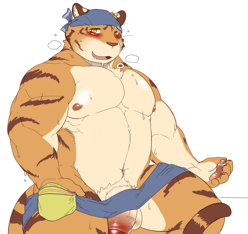 2018 5_fingers anthro areola bandanna biceps big_muscles blush claws clothed clothing digital_media_(artwork) feline flaccid flat_colors front_view fur hi_res humanoid_penis kemono looking_at_viewer male mammal mostly_nude muscular muscular_male navel nipples open_mouth pecs penis sharp_claws sharp_teeth sheeporwolf simple_background sitting smile solo standing teeth tiger topless towel