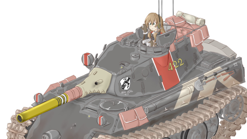 green_eyes ground_vehicle long_hair military military_vehicle motor_vehicle nameless_(senjou_no_valkyria) senjou_no_valkyria senjou_no_valkyria_3 shovel simple_background tank telbo_(lkh703) white_background
