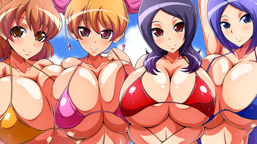 4girls aokura_shou aono_miki bikini black_hair blonde_hair blue_eyes blush breasts brown_eyes brown_hair cleavage clothing female fresh_precure! higashi_setsuna light-skinned long_hair looking_at_viewer momozono_love multiple_girls open_mouth precure purple_eyes purple_hair red_eyes short_hair smile swimsuit upper_body yamabuki_inori