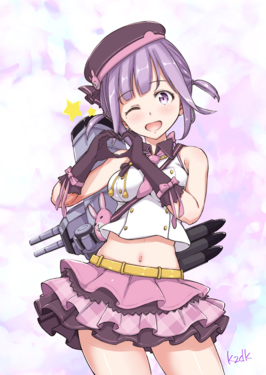 ;d absurdres ascot azur_lane bangs bare_shoulders belt beret black_gloves black_hat blush breasts bunny buttons collared_shirt commentary_request contrapposto cowboy_shot crop_top crop_top_overhang eyebrows_visible_through_hair gloves gold_buttons hat head_tilt heart heart_hands highres kazuo_daisuke looking_at_viewer matchless_(azur_lane) medium_breasts midriff miniskirt mole mole_under_eye navel one_eye_closed open_mouth pink_neckwear pink_ribbon pink_skirt purple_eyes purple_hair ribbon shiny shiny_hair shiny_skin shirt short_hair short_twintails sidelocks simple_background skirt sleeveless sleeveless_shirt smile smokestack solo standing star strap thighs torpedo_tubes turret twintails twitter_username white_shirt wing_collar