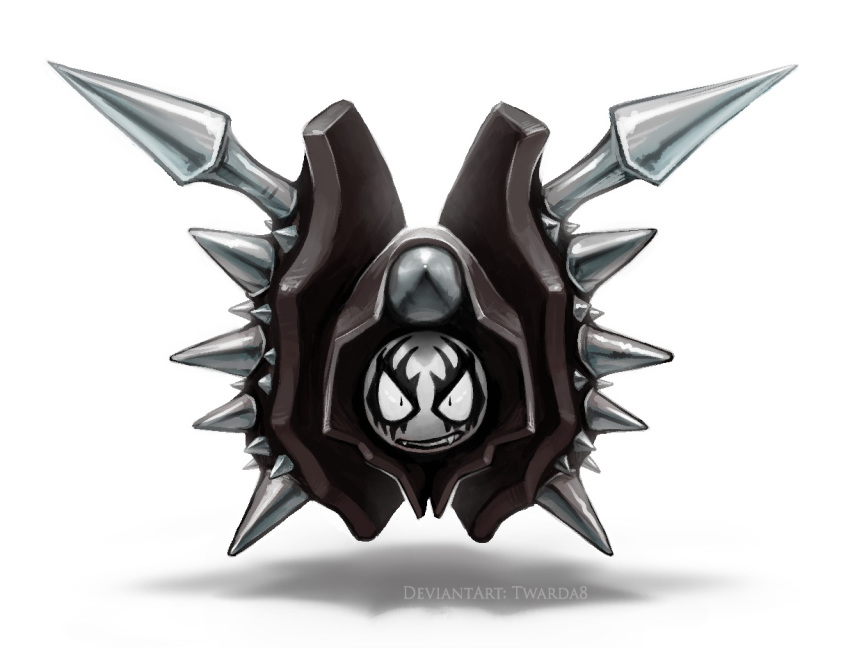 cloyster commentary creature deviantart_username facial_mark fangs gen_1_pokemon looking_at_viewer no_humans not_shiny_pokemon pokemon pokemon_(creature) signature simple_background solo spikes twarda8 white_background