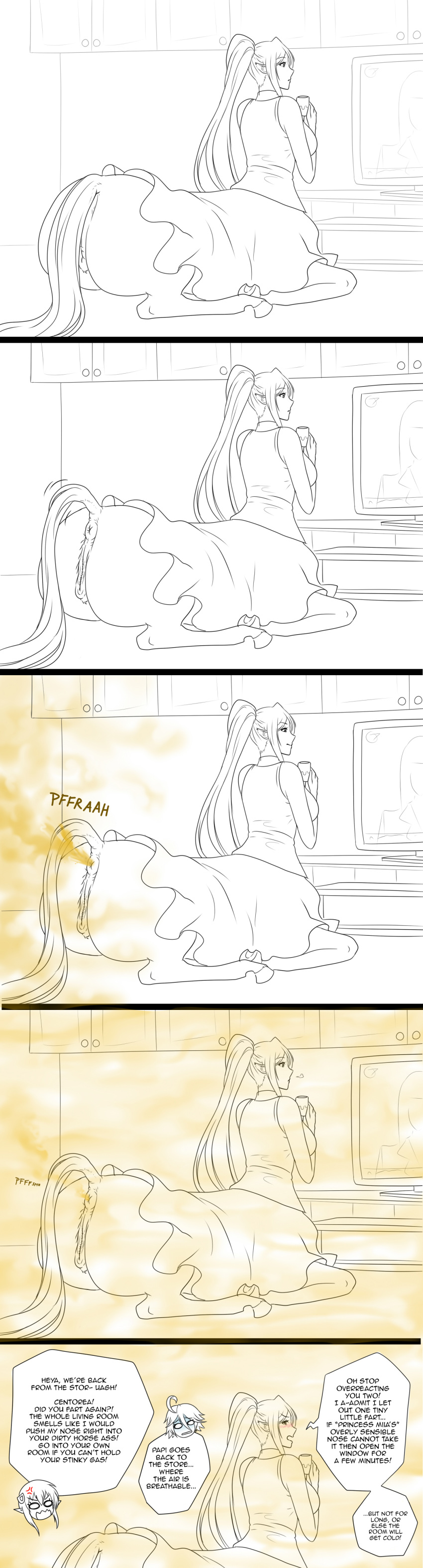 angry anus breasts cabinets centaur centauress comic english_text equine equine_taur fart fart_cloud fart_fetish female mammal monster_musume not_furry pussy taur television text unknown_artist