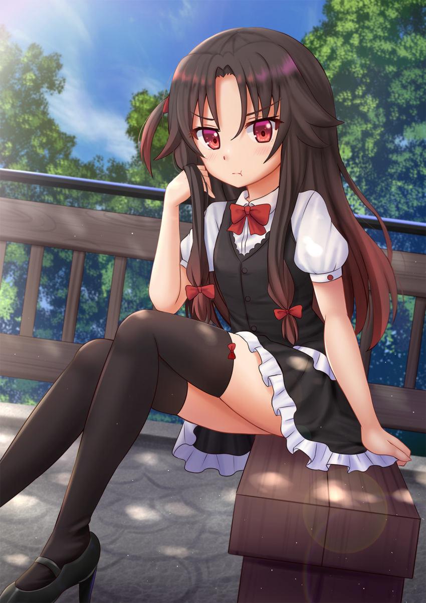 :t alternate_legwear bench black_footwear black_legwear blue_sky bow bow_legwear bowtie brown_hair cloud commentary day frilled_skirt frills gradient_hair hair_bow high_heels highres kazenokaze lens_flare long_hair looking_at_viewer multicolored_hair one_side_up outdoors pout puffy_short_sleeves puffy_sleeves red_bow red_eyes red_hair red_neckwear ryuuou_no_oshigoto! shoes short_sleeves sitting skirt sky solo thighhighs tree yashajin_ai