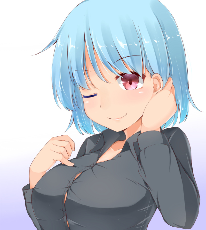 1girl aqua_hair black_shirt blue_background blush breasts button_gap buttons collarbone collared_shirt commentary_request dress_shirt eyebrows_visible_through_hair garasuita gradient gradient_background highres large_breasts long_sleeves one_eye_closed red_eyes shiny shiny_hair shirt short_hair smile solo tatara_kogasa touhou