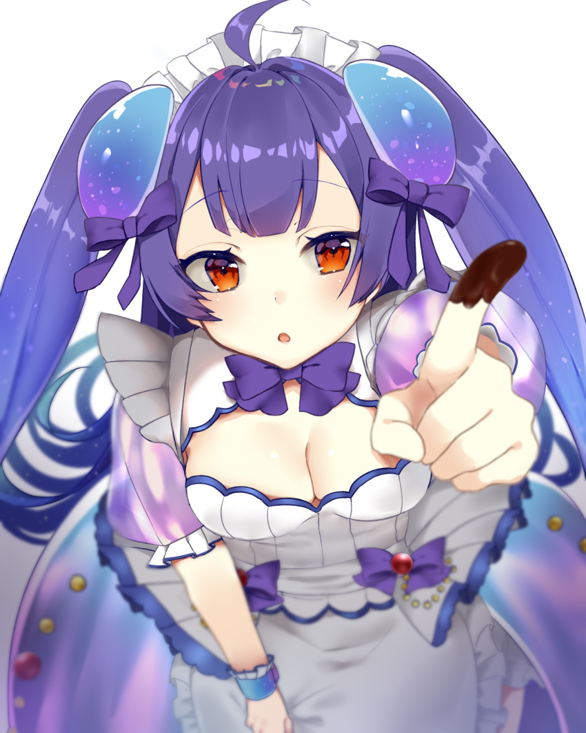:o absurdres ahoge ao_(user_ctez2482) apron arm_up bad_id bad_pixiv_id bangs blush bow breasts character_request chocolate_on_fingers cleavage cleavage_cutout colored_eyelashes eyebrows_visible_through_hair feeding frilled_apron frilled_sleeves frills from_above gradient gradient_background grey_background hair_ribbon highres index_finger_raised long_hair looking_at_viewer looking_up maid_headdress medium_breasts noa_(shironeko_project) open_mouth outstretched_arm pov_feeding purple_bow purple_neckwear purple_ribbon ribbon shiny shiny_hair shironeko_project short_sleeves solo tareme twintails upper_body very_long_hair waist_apron white_apron wrist_cuffs