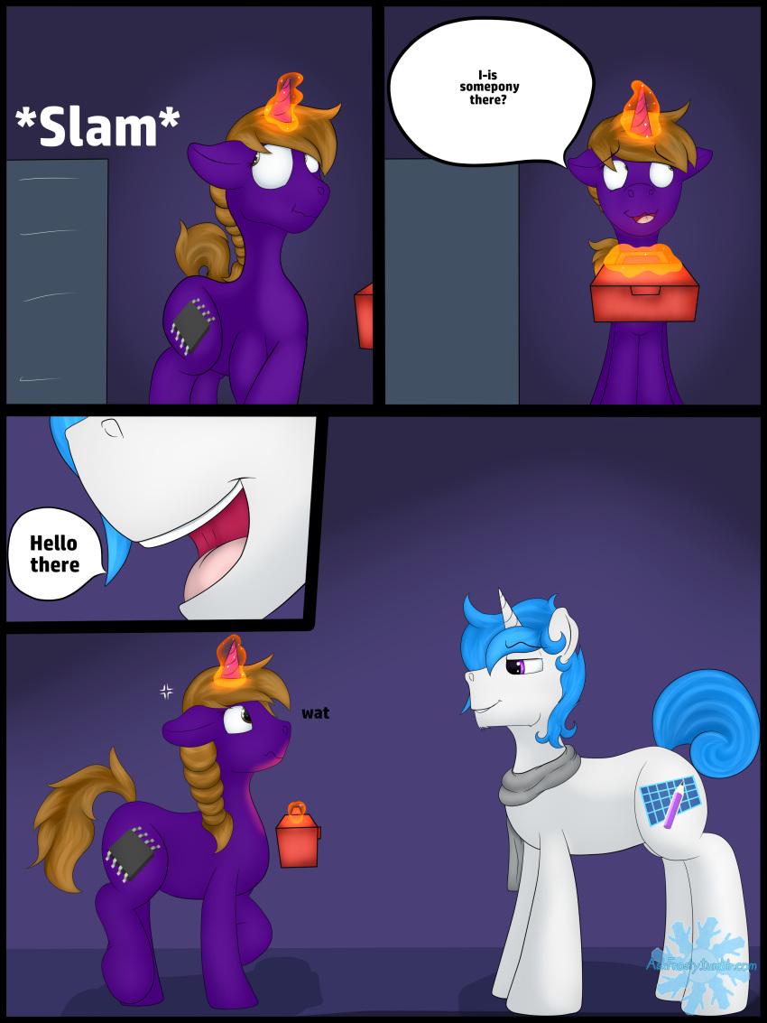 askfrosty blue_hair braided_hair brown_eyes brown_hair comic cutie_mark door duo equine female feral frost_bright grin hair hooves horn inside male mammal my_little_pony nervous purple_eyes smile smirk text toolbox unicorn