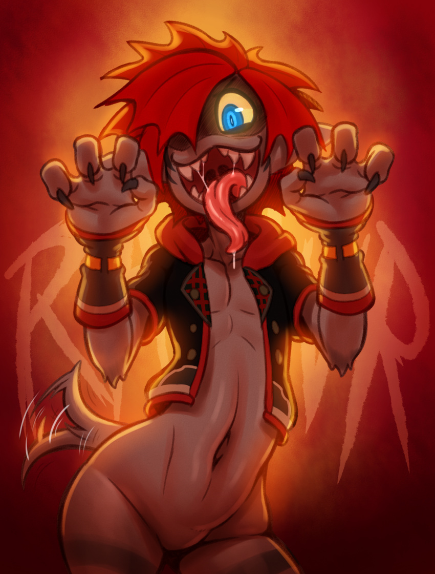 2018 4_fingers alternate_species anthro blue_eyes blue_pupils bottomless claws clothed clothing digital_drawing_(artwork) digital_media_(artwork) disney gerkk hair kingdom_hearts looking_at_viewer male mammal monster monster_sora_(character) open_mouth pixar red_hair simple_background solo sora_(kingdom_hearts) square_enix tailwag teeth text tongue tongue_out video_games