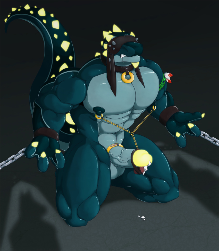 abs anthro balls bdsm blue_scales bondage bound chain claws collar croiyan cum glans glowing green_scales hekar humanoid_penis male muscular muscular_male nipples pecs penis precum scales scalie sex_toy thick_tail vein veiny_penis vibrator yellow_scales