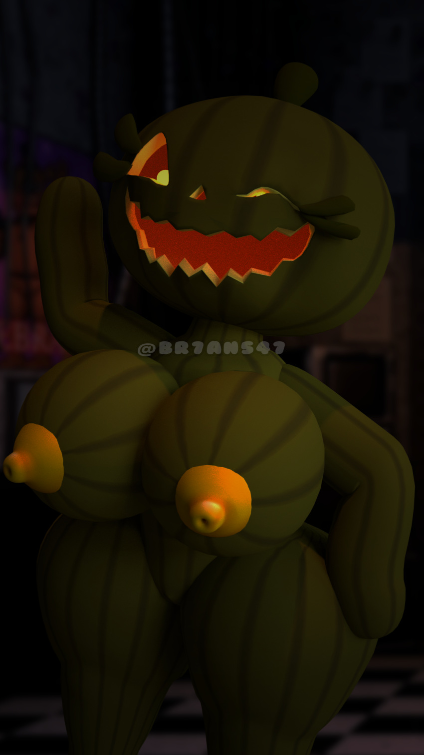 anthro breasts female five_nights_at_freddy's jack-o-lantern nipples smile solo video_games