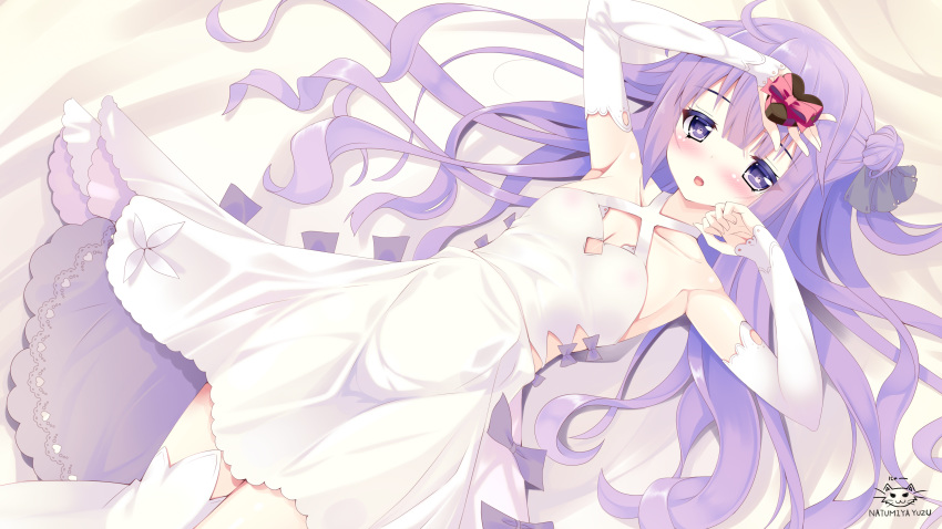 absurdres artist_name azur_lane bare_shoulders bed_sheet black_ribbon blush bow breasts chocolate chocolate_heart cleavage collarbone commentary_request criss-cross_halter detached_sleeves dress gift gift_wrapping hair_bun hair_ribbon halterneck heart highres holding holding_gift long_hair long_sleeves looking_at_viewer lying natsumiya_yuzu on_back parted_lips purple_bow purple_eyes purple_hair ribbon side_bun signature sleeves_past_wrists small_breasts solo thighhighs unicorn_(azur_lane) valentine very_long_hair white_dress white_legwear