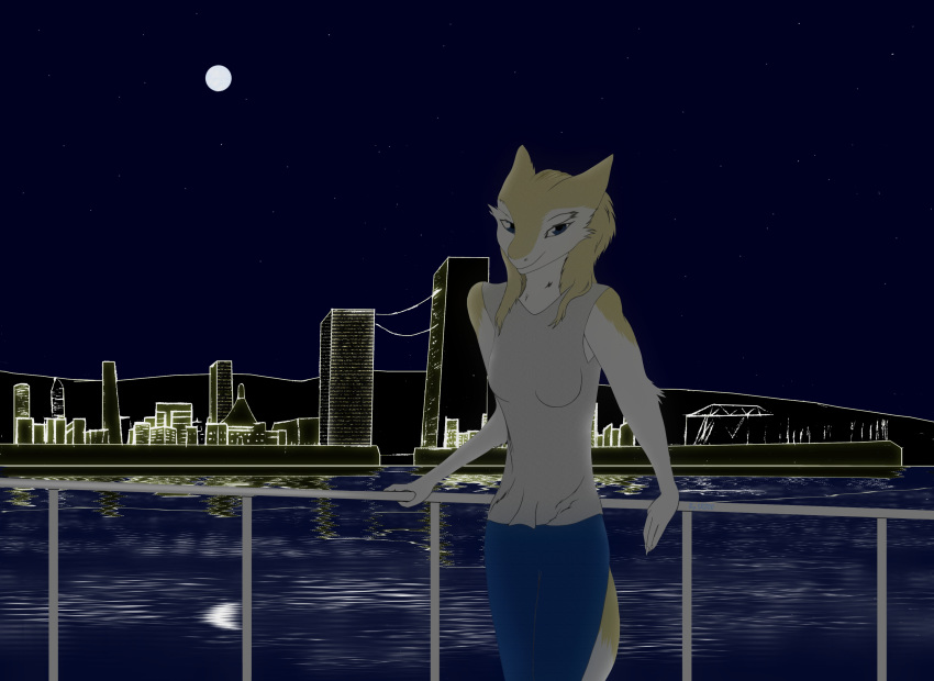 2017 4_fingers 5r200 anthro anthrofied biped blonde_hair blue_background blue_clothing blue_eyes city cityscape clothing countershading detailed_background digital_drawing_(artwork) digital_media_(artwork) dipstick_tail female fur grey_clothing hair holding_fixture looking_at_viewer moon multicolored_tail outside pants railing seaside sergal shirt simple_background sky smile solo standing star starry_sky water white_fur yellow_fur