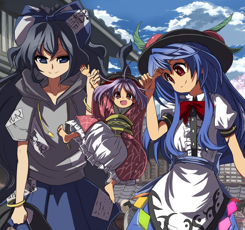 1boy 4girls ahoge bangle barefoot blouse blue_bow blue_eyes blue_hair blue_skirt blue_sky bow bowl bowl_hat bowtie bracelet building cherry_blossoms cloud collarbone commentary_request day faceless faceless_male food frills fruit grey_hoodie hair_bow hat hinanawi_tenshi holding holding_another's_arm hood hoodie human_village_(touhou) japanese_clothes jewelry kimono leaf lifting_another's_clothes lifting_person long_hair long_sleeves looking_at_viewer multiple_girls obi open_mouth outdoors peach puffy_short_sleeves puffy_sleeves purple_hair red_bow red_bowtie red_eyes red_kimono sash shirt short_hair short_sleeves sidelocks skirt sky smile sukuna_shinmyoumaru syope touhou very_long_hair white_shirt wide_sleeves yorigami_shion