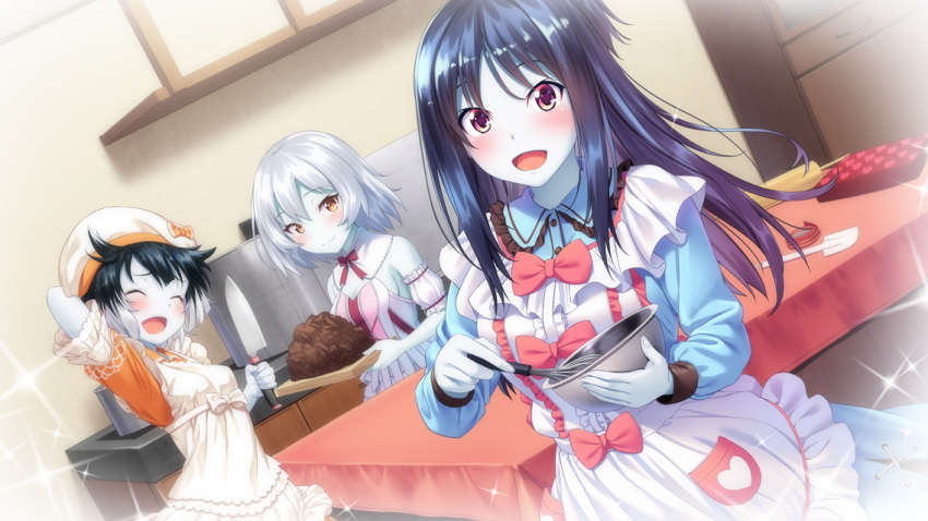 :d aleister_air alternate_costume anna_tristos apron arm_behind_back black_hair blush bow bowl brown_eyes chocolate closed_eyes formation_girls game_cg grey_hair hat holding holding_bowl holding_knife indoors kitchen knife long_hair looking_at_viewer marina_fudou multicolored_hair multiple_girls official_art open_mouth pale_skin pink_bow purple_eyes short_hair smile table tenkuu_nozora two-tone_hair valentine white_apron white_hair