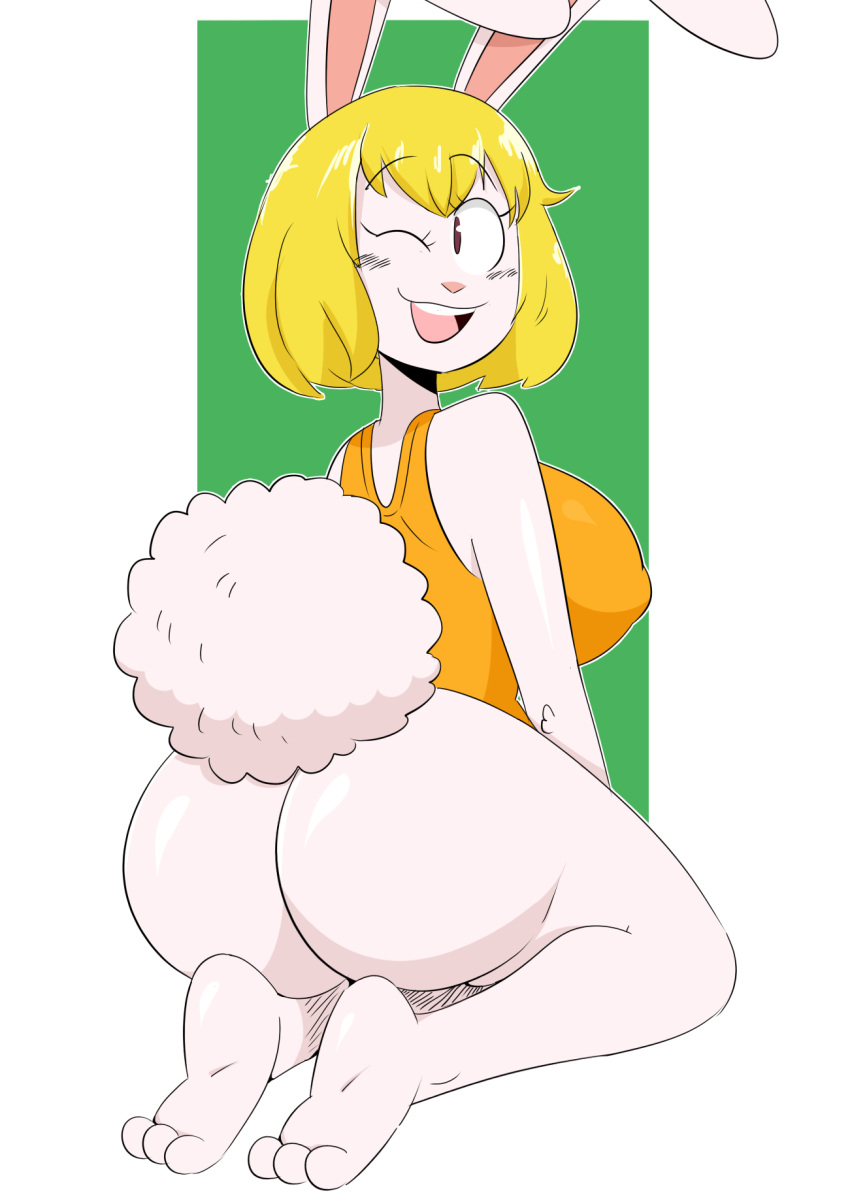 &lt;3 2017 3_toes anthro barefoot big_breasts big_butt blonde_hair bottomless breasts butt carrot_(one_piece) clothed clothing female fur hair hi_res jinu lagomorph looking_back mammal minkmen_(one_piece) one_eye_closed one_piece rabbit rear_view smile solo text toes white_fur wink