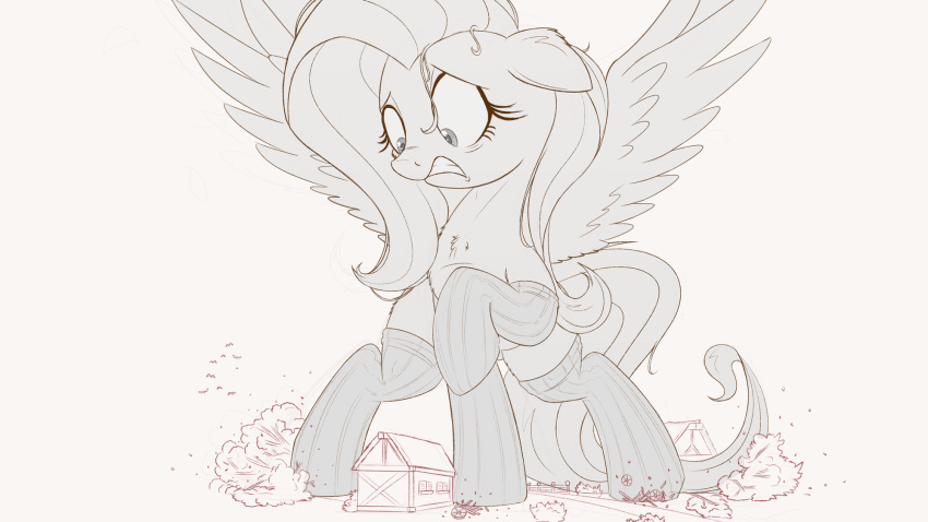 2016 building clothing equine eyelashes feathered_wings feathers female feral fluttershy_(mlp) friendship_is_magic fur hair house legwear long_hair macro mammal monochrome my_little_pony ncmares outside pegasus simple_background socks solo white_background wings
