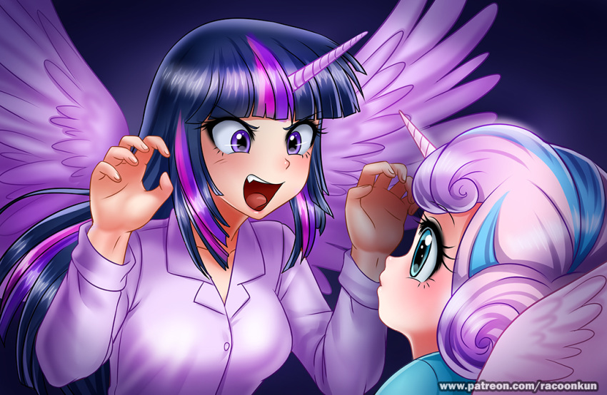 2017 alternate_species animal_humanoid blue_eyes clothed clothing digital_media_(artwork) duo equine equine_humanoid eyelashes feathered_wings feathers female flurry_heart_(mlp) friendship_is_magic hair horn human humanized humanoid long_hair mammal multicolored_hair my_little_pony open_mouth purple_eyes racoon-kun twilight_sparkle_(mlp) wings