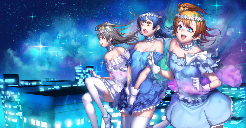 absurdres bangs bare_shoulders blue_dress blue_eyes blue_hair blush choker commentary_request dress earrings floating flower gloves grey_hair hair_between_eyes hair_ornament head_wreath highres hiyashi_yaki jewelry kousaka_honoka long_hair love_live! love_live!_school_idol_festival love_live!_school_idol_project minami_kotori multiple_girls night night_sky one_side_up open_mouth orange_hair skirt skirt_tug sky skyline smile sonoda_umi thighhighs white_dress white_gloves white_legwear yellow_eyes yume_no_tobira