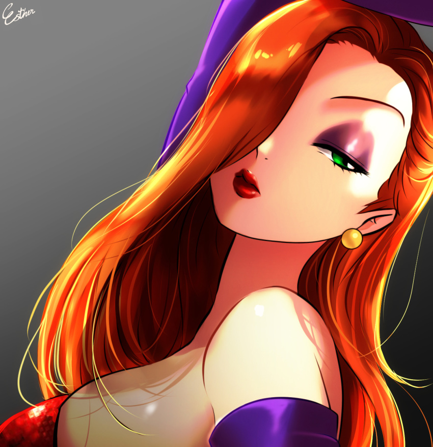 1girl aqua_eyes bare_shoulders breasts disney earrings elbow_gloves hair_over_one_eye jessica_rabbit jewelry large_breasts lips lipstick long_hair looking_at_viewer makeup orange_hair parted_lips purple_gloves red_lipstick who_framed_roger_rabbit