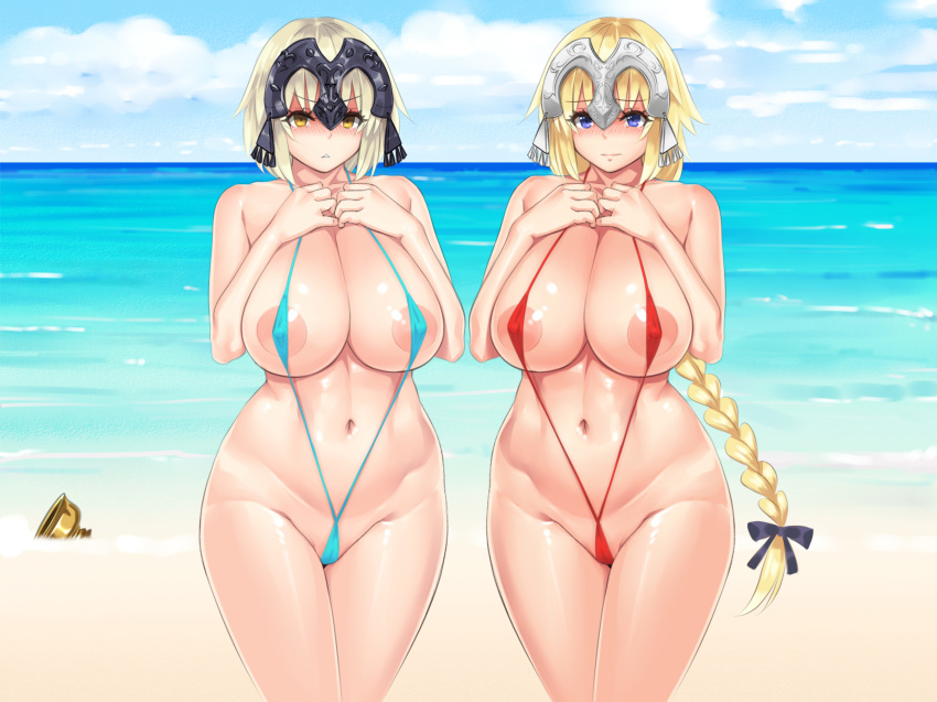 angry areola_slip areolae bangs bare_arms bare_shoulders beach black_ribbon blonde_hair blue_eyes blue_sky blue_swimsuit blush braid breast_suppress breasts cameltoe cleavage closed_mouth cloud collarbone covered_nipples day embarrassed eyebrows_visible_through_hair fate/grand_order fate_(series) frown groin hair_ribbon hands_on_own_chest hayama_kazusa headpiece highres hips holy_grail_(fate) horizon huge_breasts jeanne_d'arc_(alter)_(fate) jeanne_d'arc_(fate) jeanne_d'arc_(fate)_(all) lips long_braid long_hair looking_at_viewer multiple_girls navel nose_blush ocean outdoors parted_lips raised_eyebrows red_swimsuit ribbon shiny shiny_skin short_hair side-by-side single_braid sky slingshot_swimsuit stomach swimsuit tareme tearing_up tears thighs triangle_mouth v-shaped_eyebrows very_long_hair water white_hair yellow_eyes