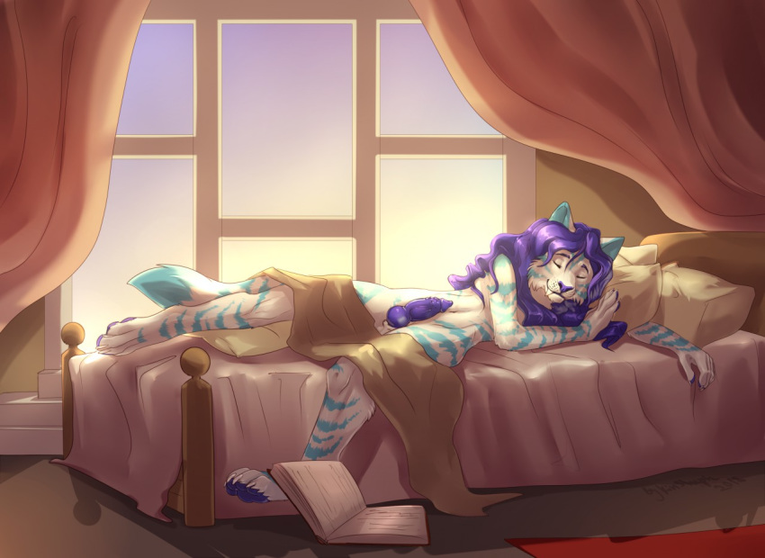 anthro balls bed blue_hair claws curtains feline hair kinsheph knot male mammal paws penis rena_dyne saber-toothed_cat sleeping solo window