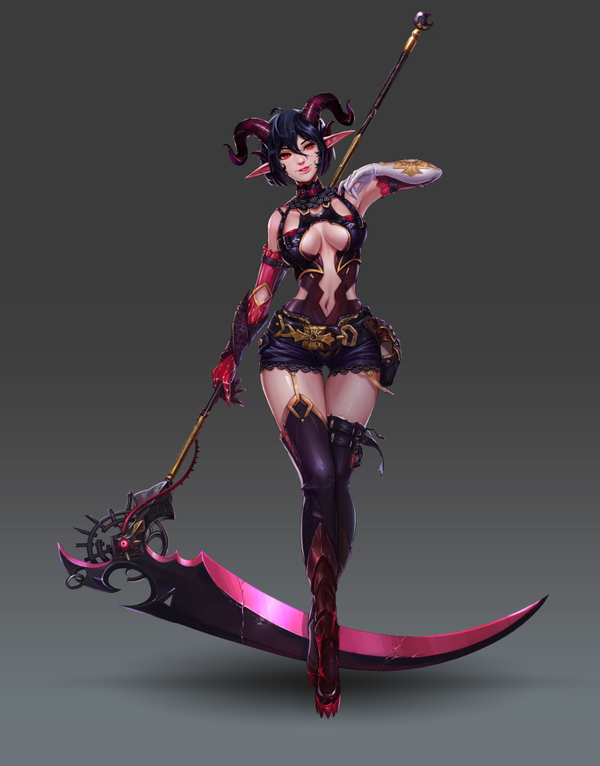 absurdres belt_buckle black_hair book buckle collar dungeon_and_fighter female_priest_(dungeon_and_fighter) full_body gloves highres horns leg_armor mistress_(dungeon_and_fighter) peng_wang pointy_ears pouch red_eyes scythe short_hair solo thigh_gap