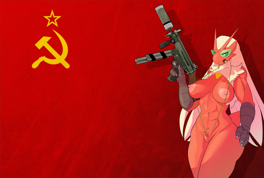 2016 abs anthro anthrofied areola avian big_breasts bikini bird blaziken blonde_hair blue_eyes breasts cigar clothing eyewear female flag glasses gun hair holding_object holding_weapon looking_at_viewer lysergide mouth_hold nintendo nipples pok&eacute;mon pok&eacute;mon_(species) pok&eacute;morph pussy ranged_weapon russian silencer simple_background smoking solo soviet_union string_bikini submachine_gun swimsuit ump45 video_games weapon