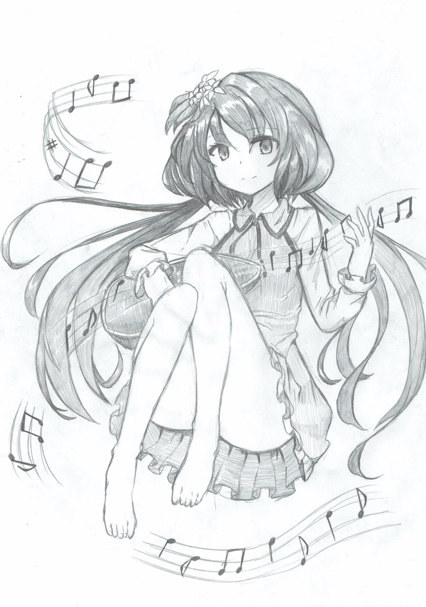 bangs barefoot beamed_eighth_notes biwa_lute closed_mouth collar commentary_request dress eyebrows_visible_through_hair flower frilled_dress frilled_sleeves frills graphite_(medium) greyscale hair_flower hair_ornament highres instrument legs legs_up long_hair long_sleeves looking_at_viewer low_twintails lute_(instrument) mahiro_(akino-suisen) monochrome music musical_note neck_ribbon no_panties playing_instrument ribbon sitting smile solo touhou traditional_media tsukumo_benben twintails very_long_hair