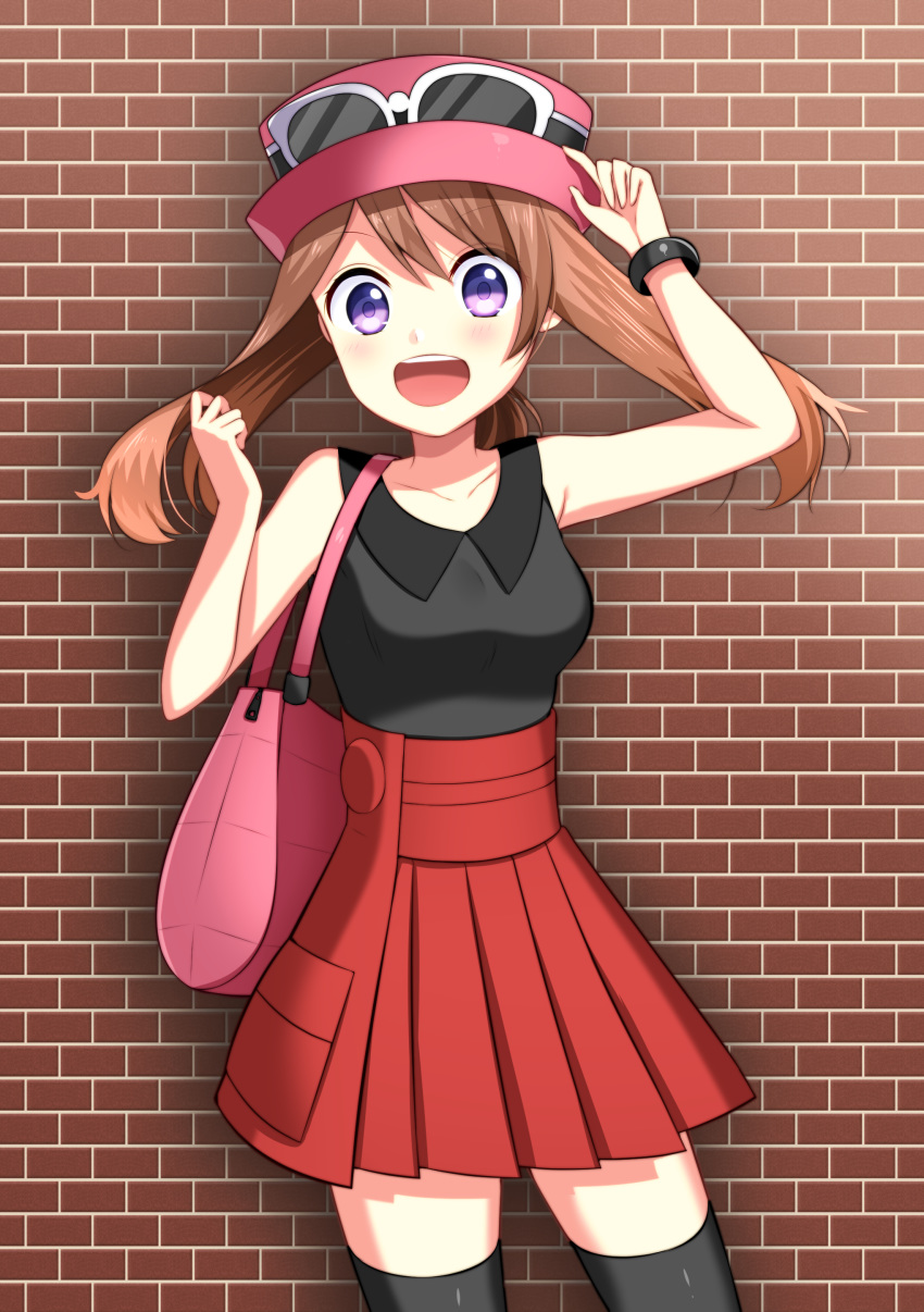 :d absurdres arm_up bag black_legwear black_shirt blush bracelet breasts brown_hair collarbone cosplay cowboy_shot eyebrows_visible_through_hair eyewear_on_headwear floating_hair hair_between_eyes haruka_(pokemon) hat high-waist_skirt highres jewelry long_hair medium_breasts open_mouth pink_hat pleated_skirt pokemon pokemon_(game) pokemon_oras pokemon_xy ponytail purple_eyes red_skirt serena_(pokemon) serena_(pokemon)_(cosplay) shirt skirt sleeveless sleeveless_shirt smile solo standing sunglasses thighhighs yuihiko zettai_ryouiki