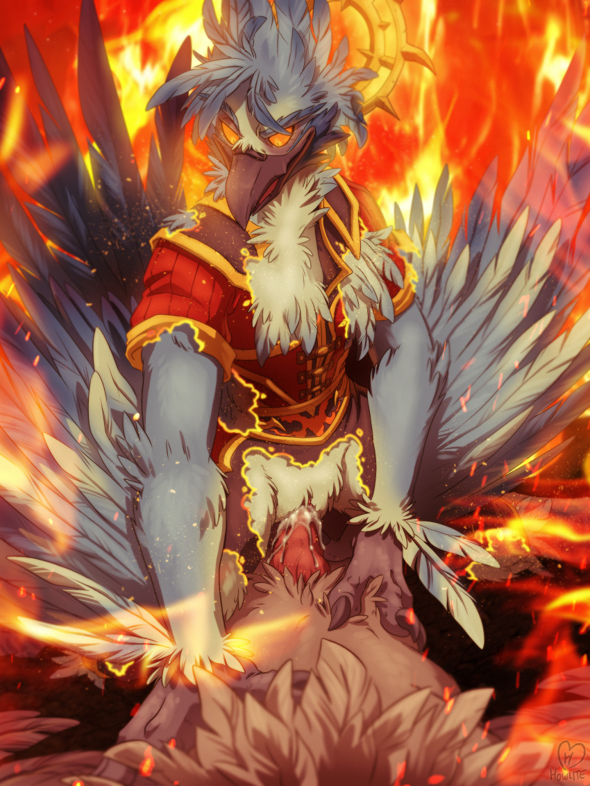 anthro arakkoa avian burning clothed clothing cowgirl_position cum cum_in_pussy cum_inside domination duo female female_domination fire hand_on_chest hi_res howlite male male/female on_top open_mouth partially_clothed penetration pussy sex smile vaginal vaginal_penetration video_games warcraft