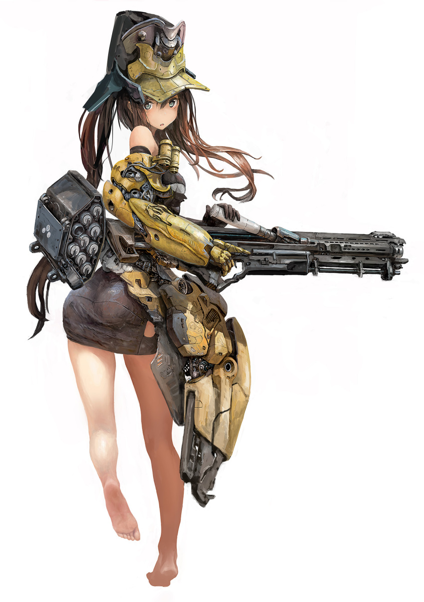 ass barefoot brown_hair feet gun hat highres holding holding_gun holding_weapon long_hair looking_at_viewer mechanical_arm nihoshi_(bipedal_s) original rifle soles toes twintails weapon