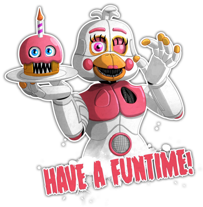 animatronic avian bird chicken english_text female freddy_fazbear's_pizzeria_simulator funtime_chica_(fnaf) funtime_cupcake_(fnaf) machine pinkypills_(artist) robot solo text