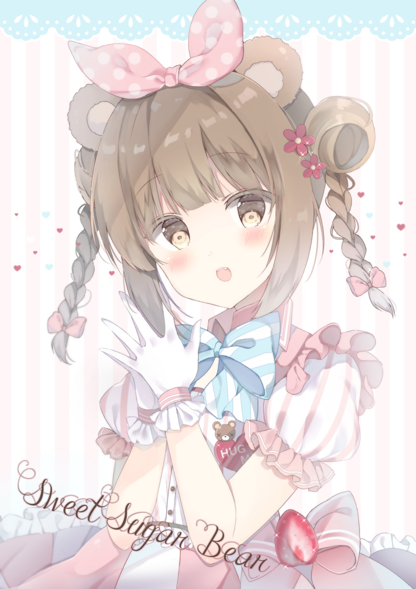 :d animal_ears bangs bear_ears blush bow braid brown_eyes brown_hair commentary_request diagonal_stripes dress eyebrows_visible_through_hair fang flower food frilled_dress frills fruit gloves hair_bow hair_flower hair_ornament head_tilt heart highres lace_border looking_at_viewer open_mouth original own_hands_together pink_bow pink_dress polka_dot polka_dot_bow puffy_short_sleeves puffy_sleeves red_flower saeki_sora short_sleeves sidelocks smile solo strawberry striped striped_background twin_braids vertical-striped_background vertical_stripes white_gloves