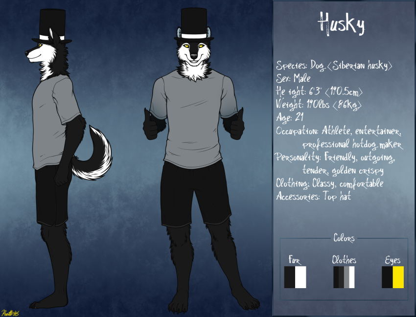 2018 4_toes anthro barefoot black_fur black_nose black_sclera canine claws clothed clothing conditional_dnp dog english_text fur hat husky looking_at_viewer male mammal model_sheet plantigrade ratte smile solo standing text thehuskyk9 thumbs_up toe_claws toes top_hat white_fur yellow_eyes