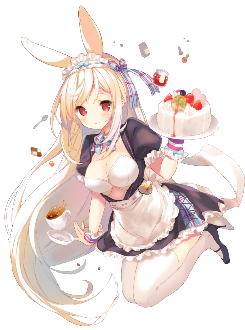 animal_ears apron bangs black_dress black_footwear blue_bow blush bow bunny_ears cake checkerboard_cookie closed_mouth commentary_request cookie cup cynthia_riddle dress eyebrows_visible_through_hair food frilled_apron frilled_dress frills full_body hairband heart highres holding holding_plate long_hair maid original p19 plate puffy_short_sleeves puffy_sleeves red_eyes saucer shoes short_sleeves simple_background smile solo tea teacup thighhighs very_long_hair waist_apron white_apron white_background white_hair white_hairband white_legwear wrist_cuffs