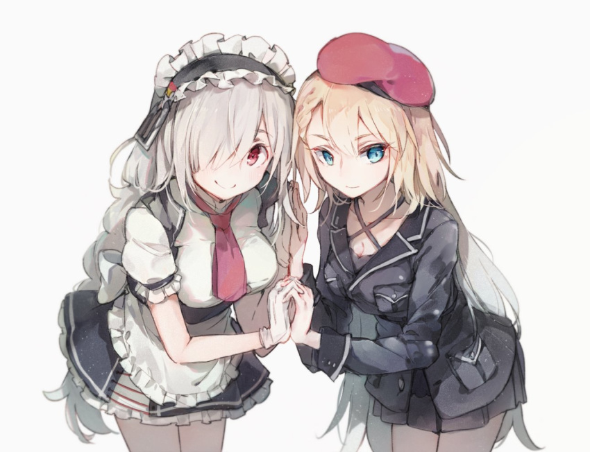 apron beret blonde_hair blue_eyes breasts cleavage cosplay costume_switch g36_(girls_frontline) g36c_(girls_frontline) girls_frontline gloves grey_hair hair_over_one_eye hat holding_hands interlocked_fingers large_breasts long_hair looking_at_viewer maid_apron maid_headdress medium_breasts multiple_girls red_eyes shuzi skirt white_gloves