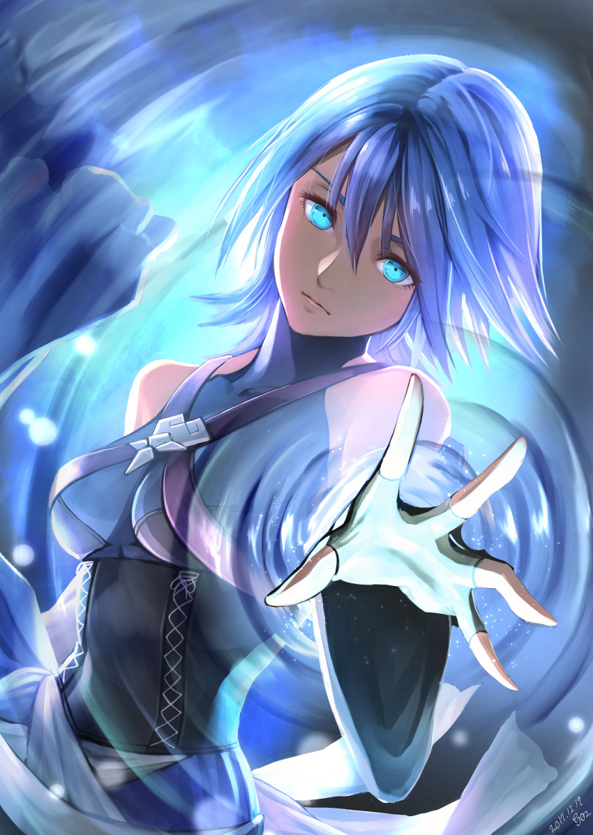 absurdres aqua_(kingdom_hearts) blue_eyes blue_hair breasts cleavage closed_mouth commentary_request corset detached_sleeves fingerless_gloves gloves gogo_(detteiu_de) highres kingdom_hearts kingdom_hearts_birth_by_sleep looking_at_viewer medium_breasts medium_hair solo