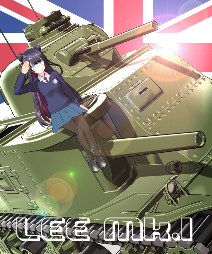 3d blue_eyes caterpillar_tracks commentary_request english girls_und_panzer ground_vehicle highres islander_(venom_nf3) long_hair m3_lee mikumikudance military military_vehicle motor_vehicle multicolored_hair panty_&amp;_stocking_with_garterbelt pantyhose st._gloriana's_school_uniform stocking_(psg) tank two-tone_hair union_jack