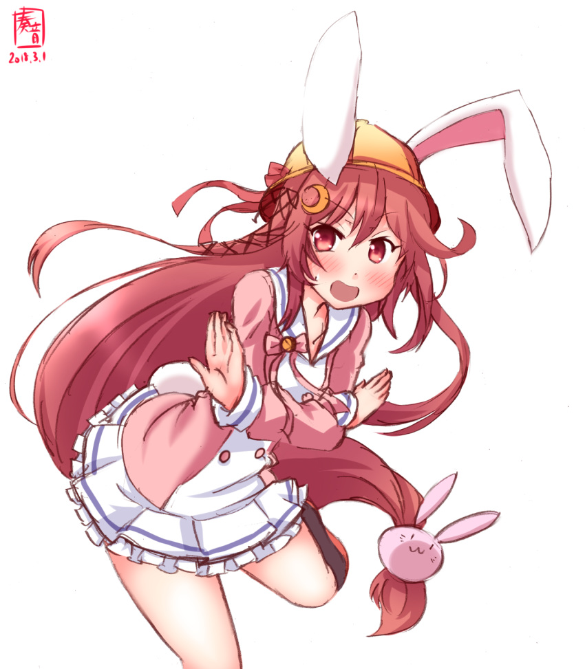 animal_ears artist_logo azur_lane blush bunny_ears bunny_hair_ornament commentary_request cosplay crescent crescent_hair_ornament crossed_arms dated dress frilled_dress frills hair_ornament hat highres kanon_(kurogane_knights) kantai_collection kindergarten_uniform long_hair looking_at_viewer low-tied_long_hair namesake open_mouth red_eyes red_hair revision sailor_dress school_hat simple_background solo standing standing_on_one_leg uzuki_(azur_lane) uzuki_(azur_lane)_(cosplay) uzuki_(kantai_collection) white_background white_dress yellow_hat