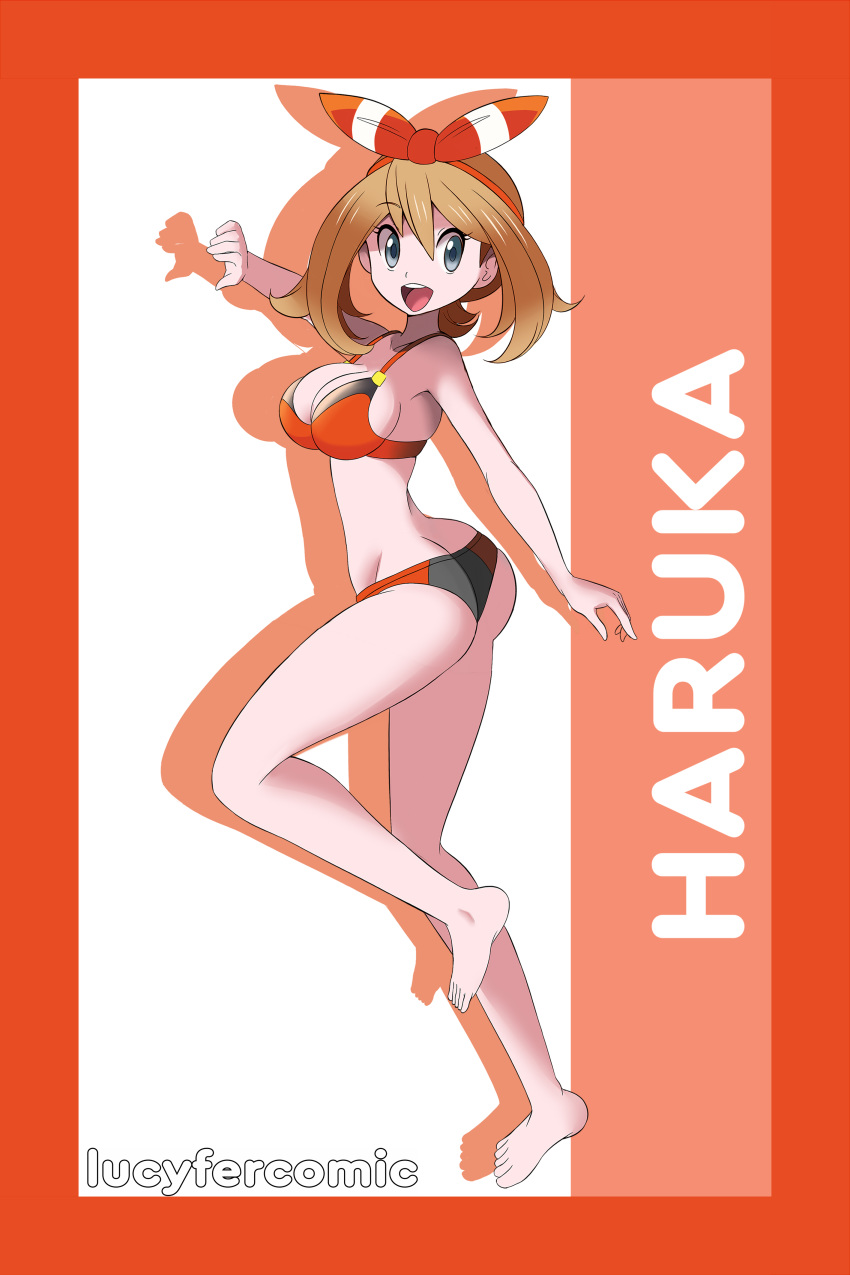 1girl absurdres alternate_costume arm_up artist_name ass bangs bare_shoulders barefoot bikini blue_eyes border breasts brown_hair butt_crack character_name cleavage collarbone creatures_(company) drop_shadow eyebrows_visible_through_hair female full_body game_freak hair-between_eyes hairband happy haruka_(pokemon) highres large_breasts leg_up nintendo open_mouth pokemon pokemon_(game) pokemon_oras red_bikini red_border red_hairband romaji_text simple_background smile solo standing standing_on_one_leg swimsuit teeth two-tone_background watermark white_background zanatemx
