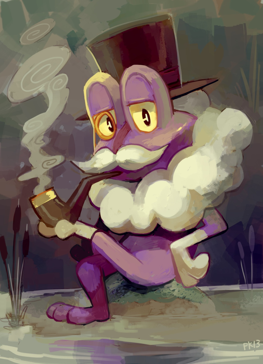 clothed_pokemon commentary commission facial_hair froakie full_body gen_6_pokemon glitchedpuppet hat highres holding holding_pipe looking_at_viewer monocle mustache no_humans not_shiny_pokemon pipe plant pokemon pokemon_(creature) purple_skin rock signature sitting smoke smoking solo top_hat water yellow_eyes