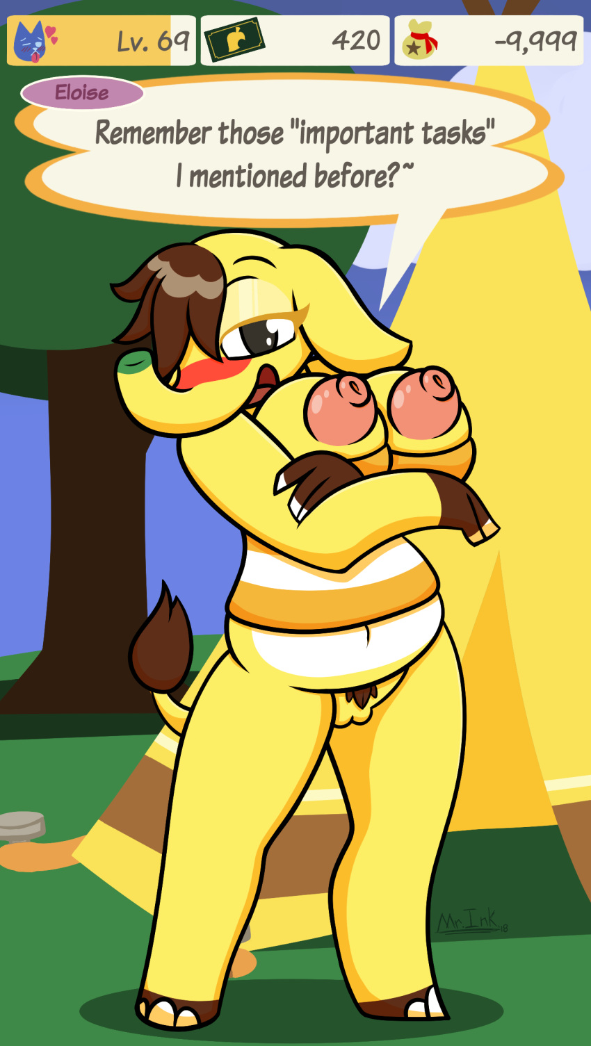 animal_crossing anthro big_breasts blush breasts clothed clothing digital_media_(artwork) elephant eloise_(animal_crossing) female hair hi_res looking_at_viewer mammal mr.ink_(artist) nintendo nipples open_mouth pussy slightly_chubby smile solo trunk video_games